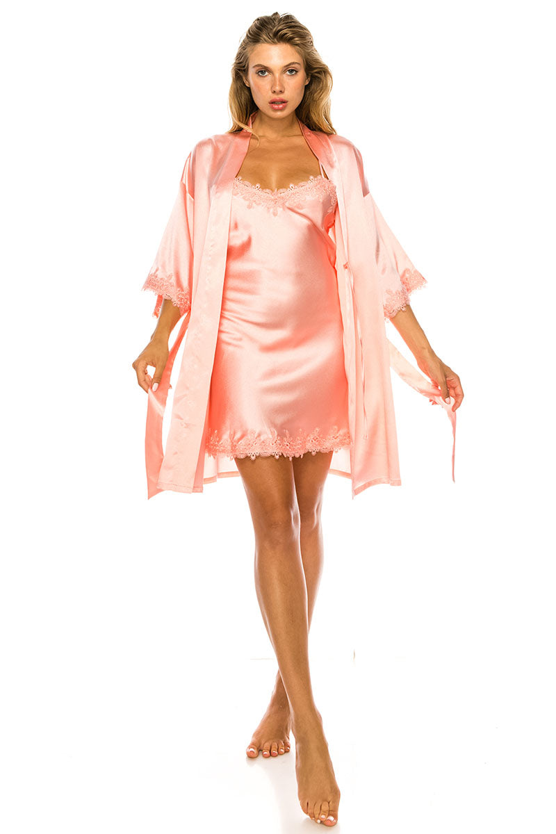 20168 6Piece 3-Piece Satin Robe Set with Embroidered Trim includes Robe, Dress & Thong