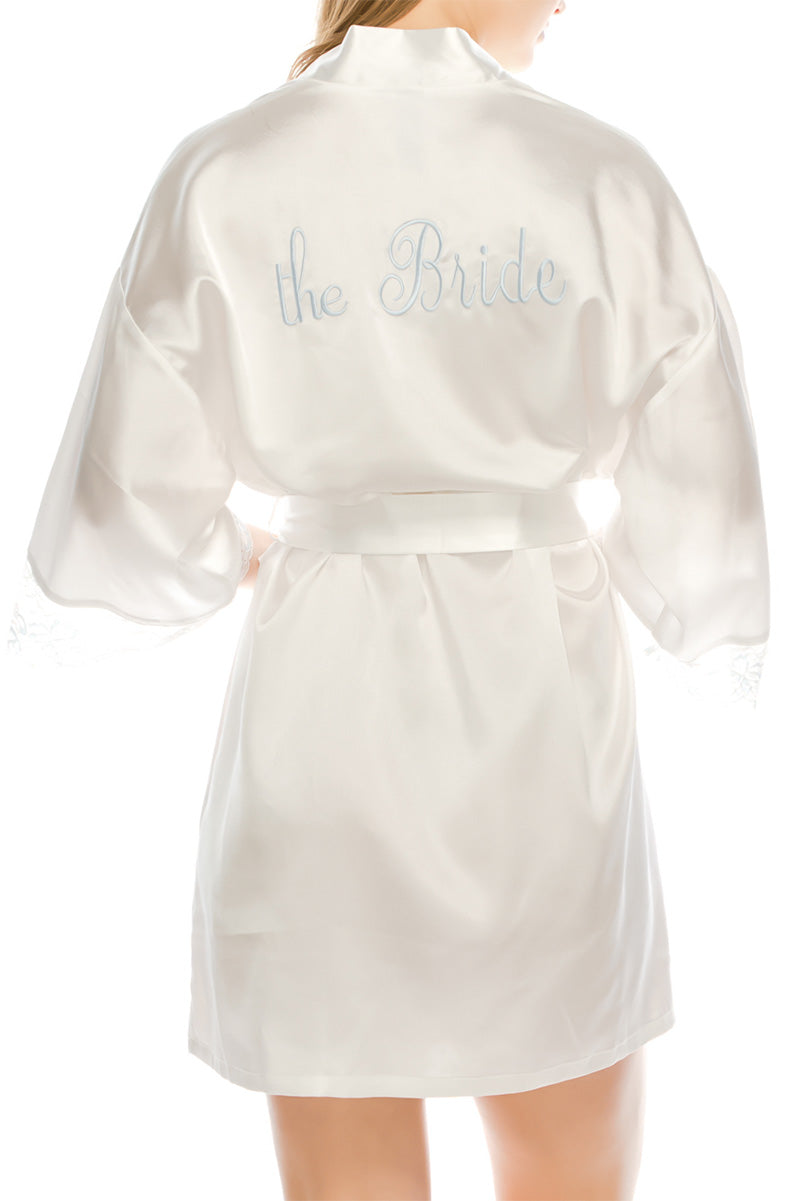 20152 6 Piece "The Bride" Satin Robe with Lace Trim & Baby Blue Embroidery – Tie Belt Included