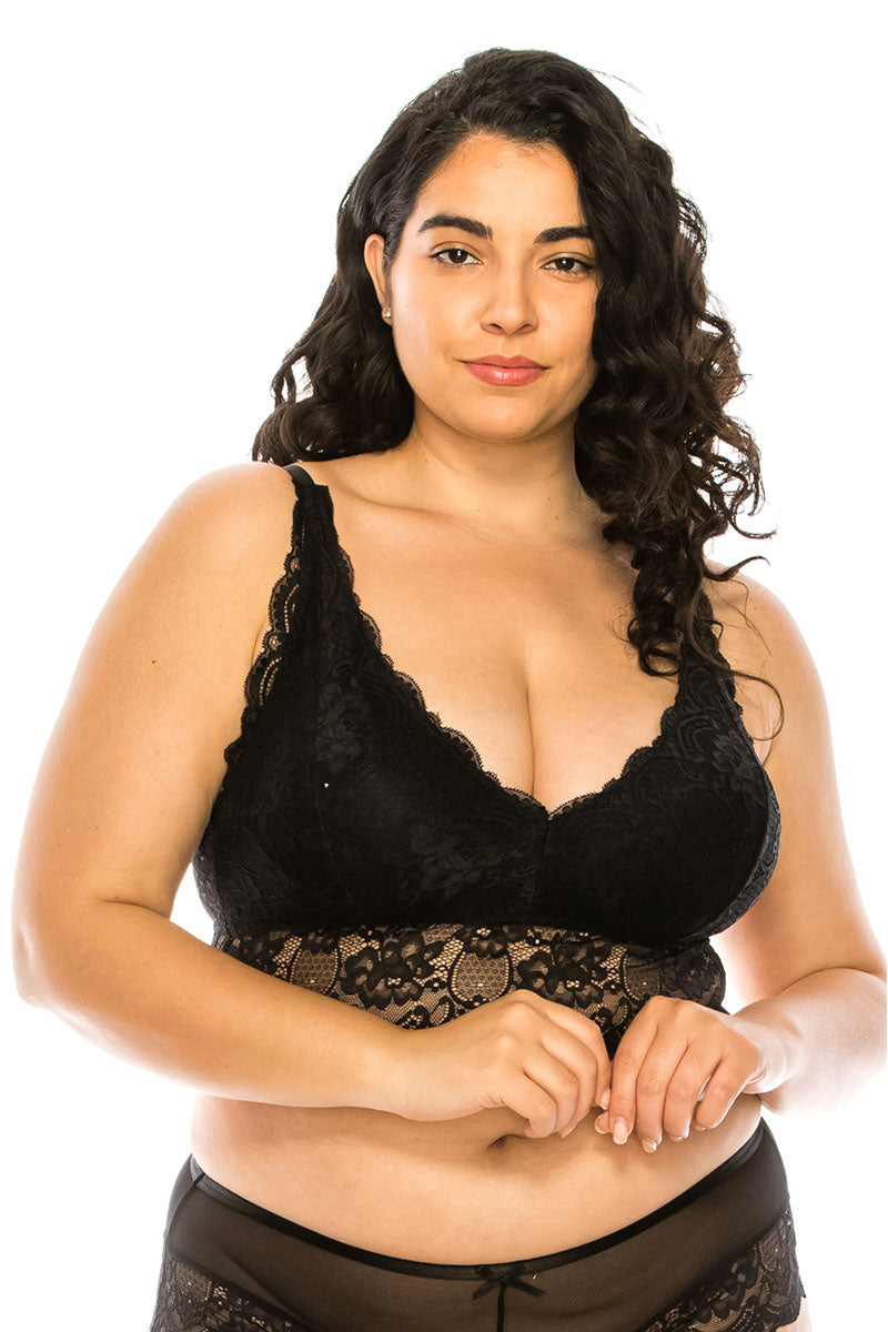 32307X 6 Piece Adjustable Straps & Wide Band Plus Size Floral Lace Overlay Bralette