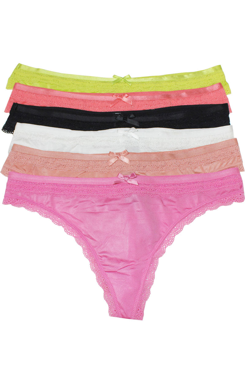 32517 6 Piece Elastic Band, Soft & Stretchy Fit Satin Lace Trim Thong