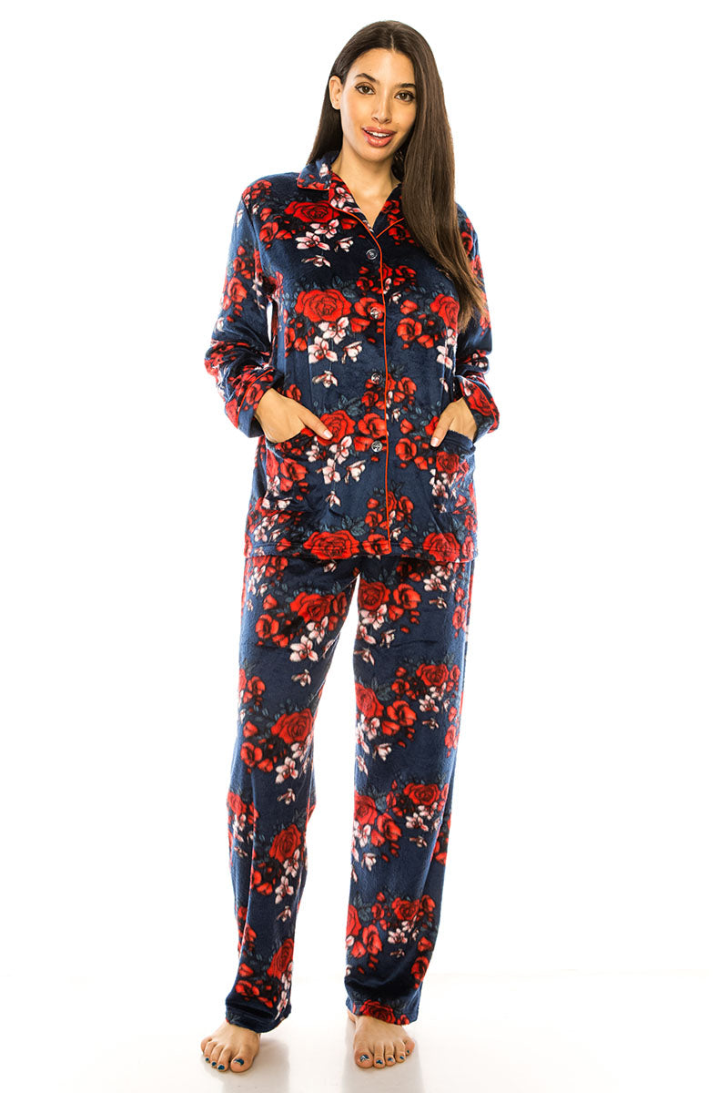 80139Q 6 Piece Button-Up Top & Pants Plus Size 2-Piece Flower Print Pajama Set