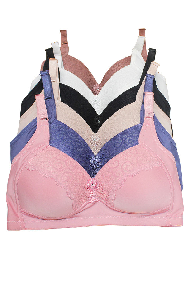 89124 6 Piece No Underwire, Adjustable Straps Solid/Lace Full Coverage Bra – B, C, D Cup