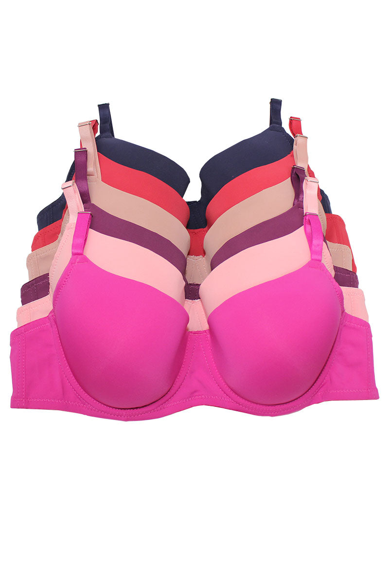 90040 6 Piece Underwire, Light Padding, Adjustable Straps, Three Hooks Back Closure Extra Coverage Bra B/C Cup C02