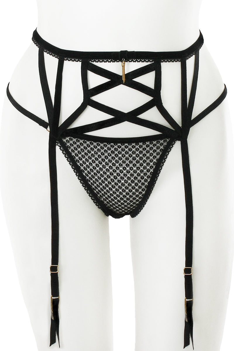 BE126 6 Piece Velvet Elastic Garter Belt with Hook & Eye Closure + Mes