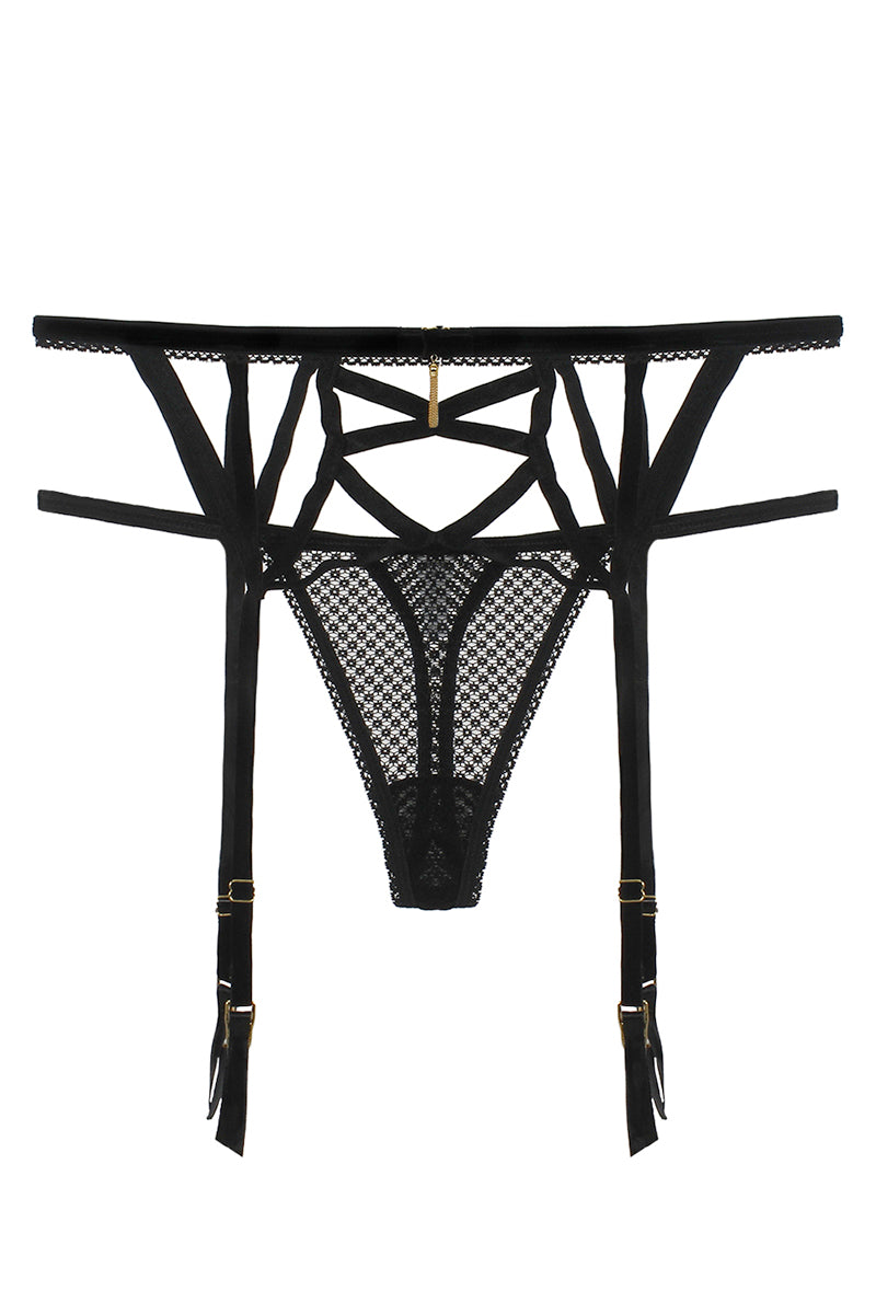 BE126 6 Piece Velvet Elastic Garter Belt with Hook & Eye Closure + Mesh G-String