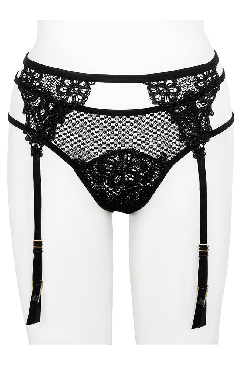 BE129 6 Piece Guipure Lace Garter Belt with High Waisted Strappy Thong