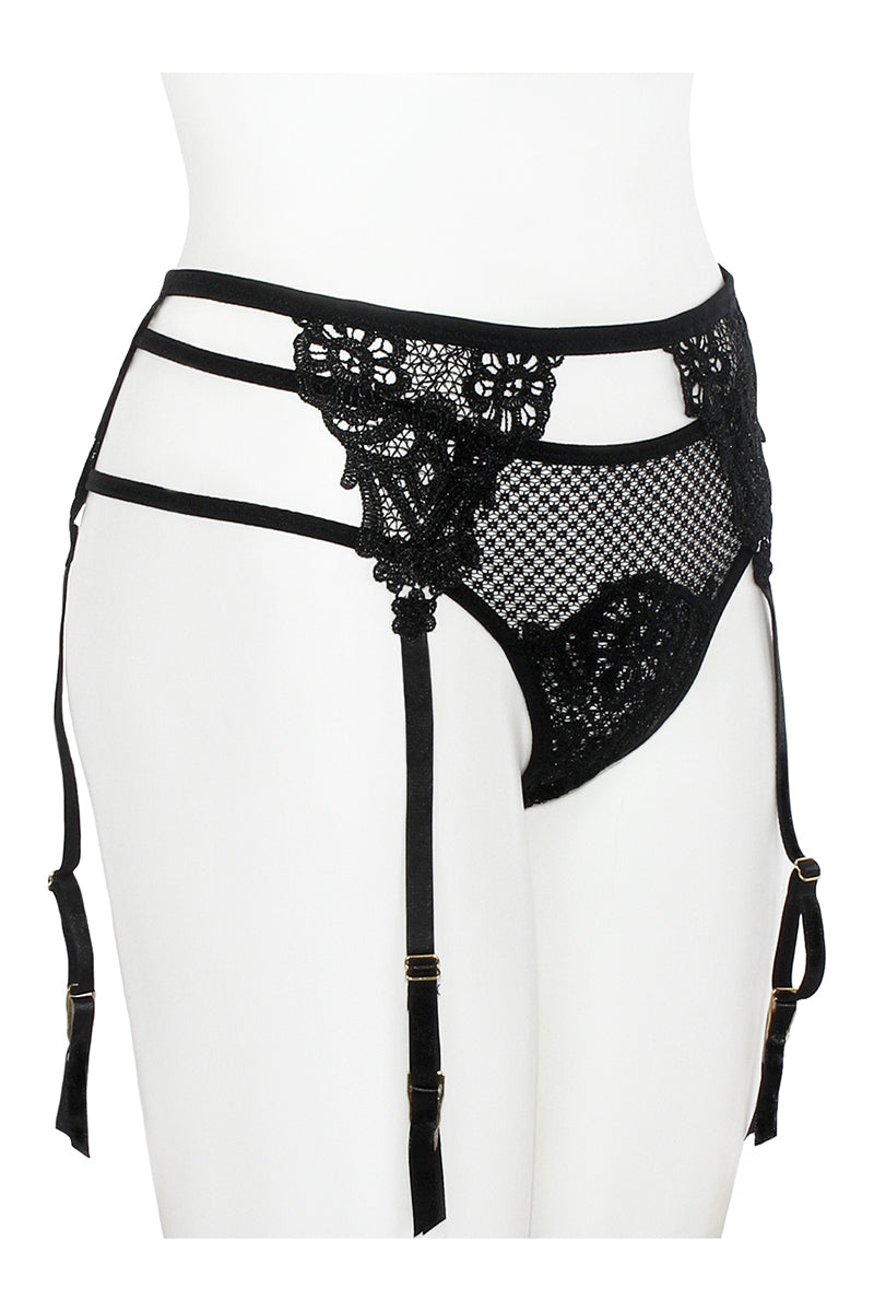 BE129 6 Piece Guipure Lace Garter Belt with High Waisted Strappy Thong