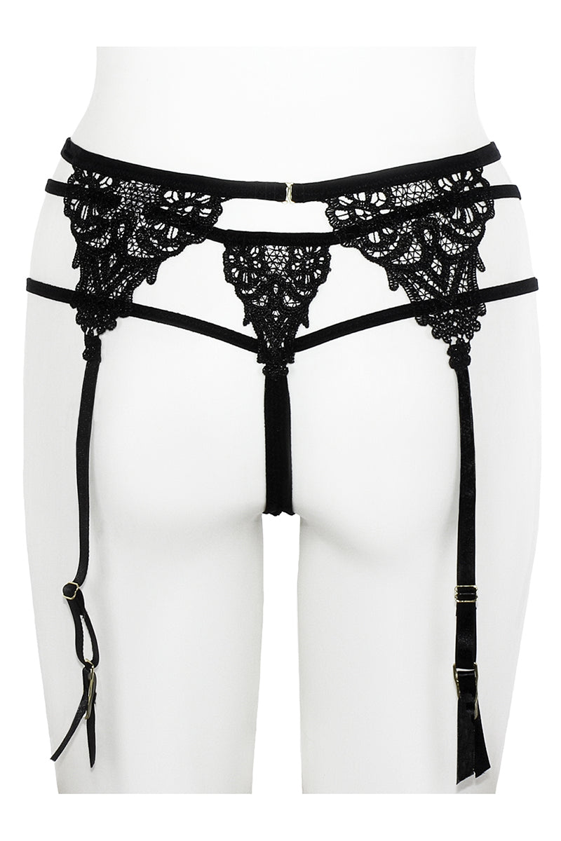 BE129 6 Piece Guipure Lace Garter Belt with High Waisted Strappy Thong