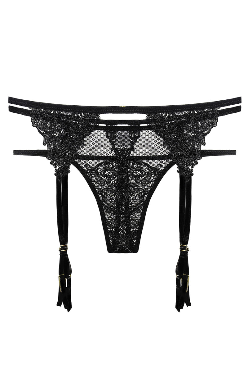 BE129 6 Piece Guipure Lace Garter Belt with High Waisted Strappy Thong