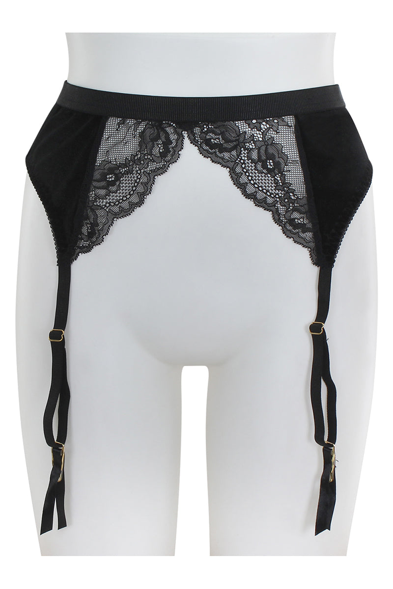 BE139 6 Piece Velvet & Lace Garter Belt with Grosgrain Elastic