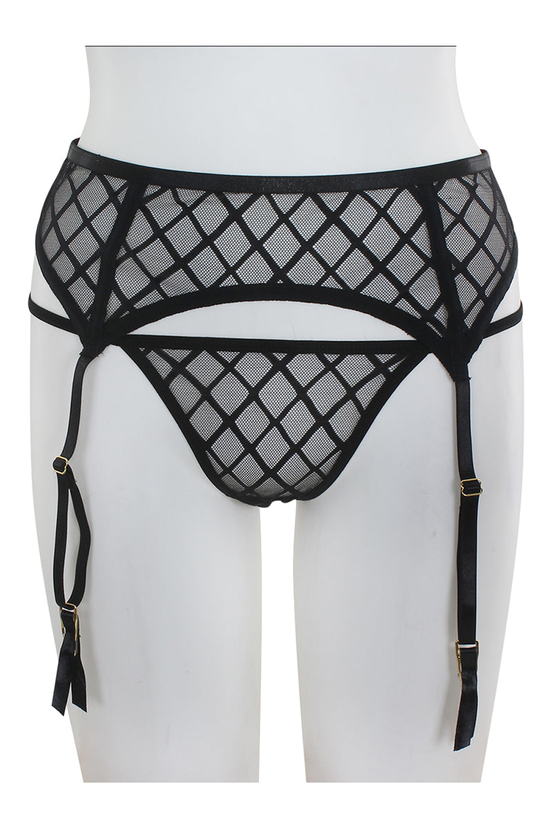 BE140 6 Piece Diamond Mesh Garter Belt with Matching Thong