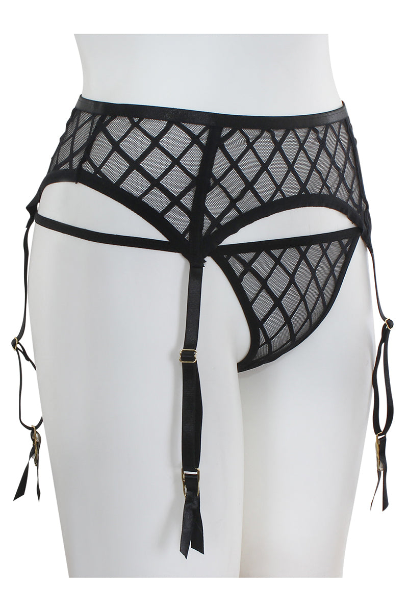 BE140 6 Piece Diamond Mesh Garter Belt with Matching Thong