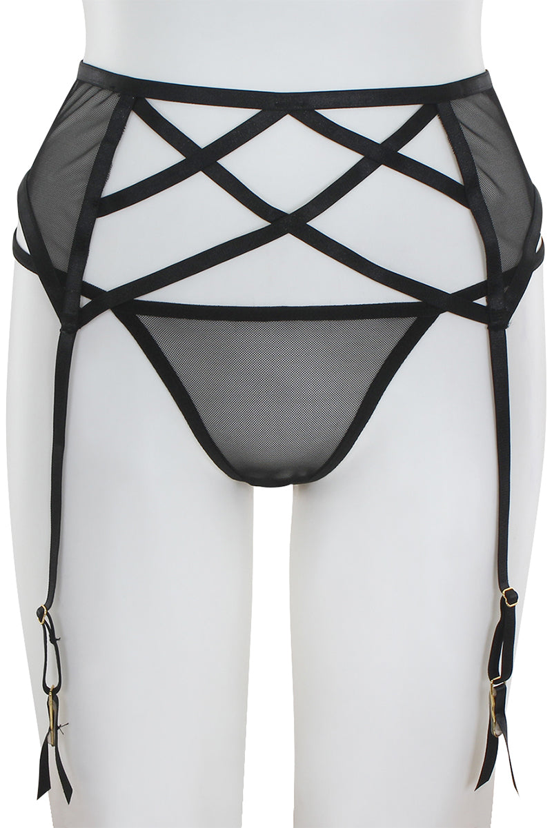 BE141 6 Piece Lace & Elastic Garter Belt with Strappy Detail