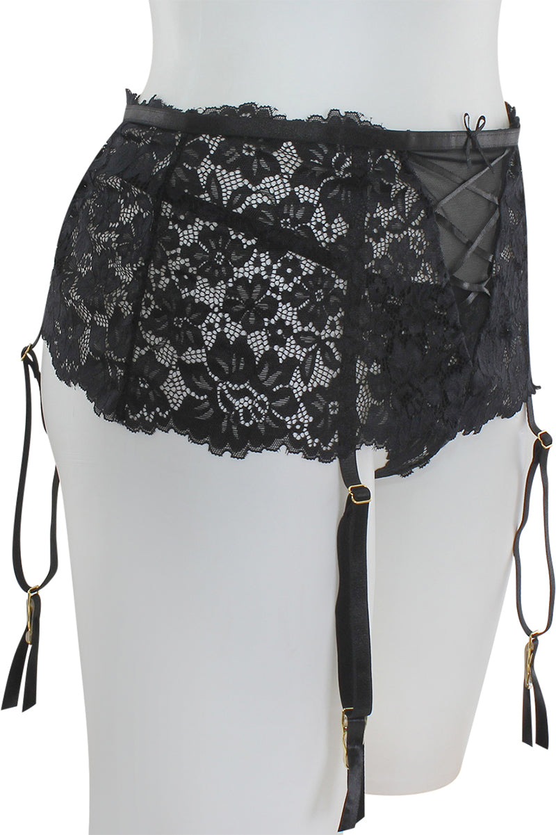 BE147H 6 Piece Lace and Elastic Garter Belt With Lace-Up Front