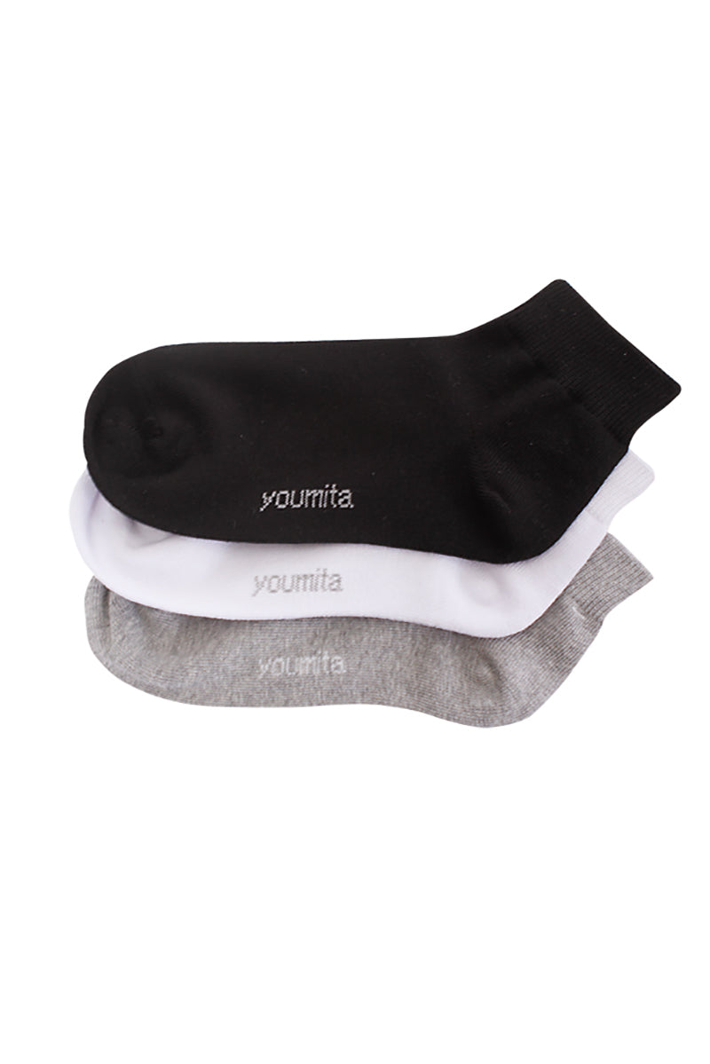 YM06 60 Pairs 4-Pair Bundle (Black, Grey, White), Shoe Size 6–9, Made in Korea Cotton Quarter Socks