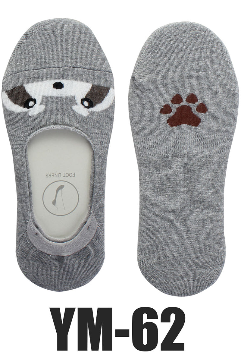 YM62 12 Pairs No Show Socks, Cute Animal Design, Shoe Size 6–9, 70% Cotton / 30% Spandex, Made in Korea Raccoon Foot Liners