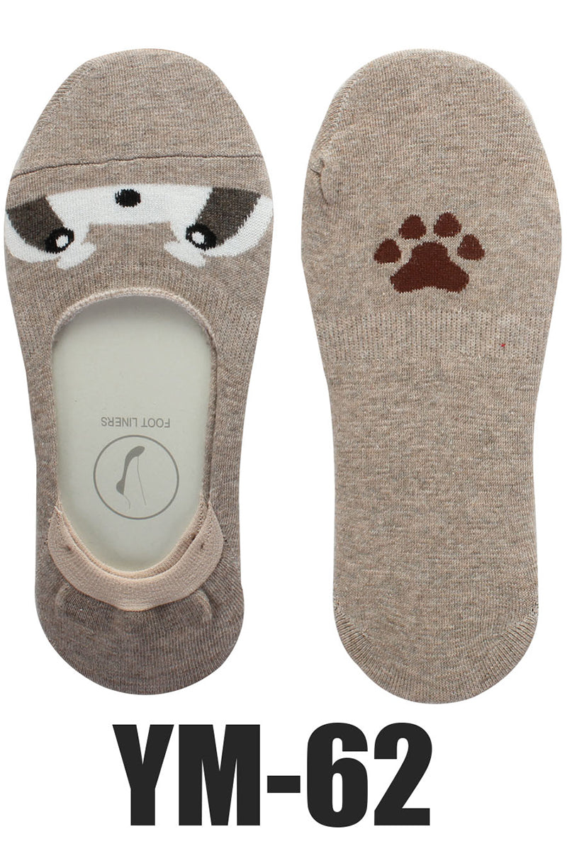 YM62 12 Pairs No Show Socks, Cute Animal Design, Shoe Size 6–9, 70% Cotton / 30% Spandex, Made in Korea Raccoon Foot Liners