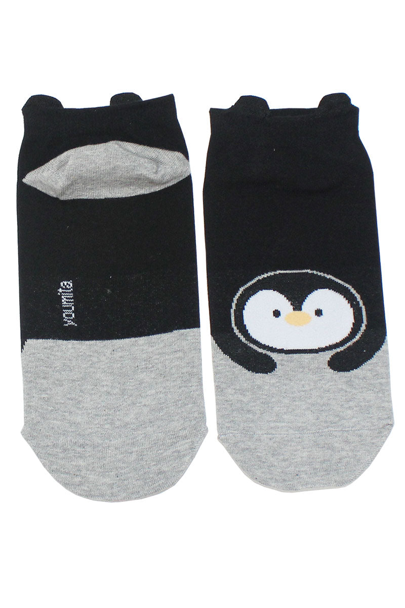 YM86 12 Pairs Black/Grey Cotton Blend Penguin Print Socks