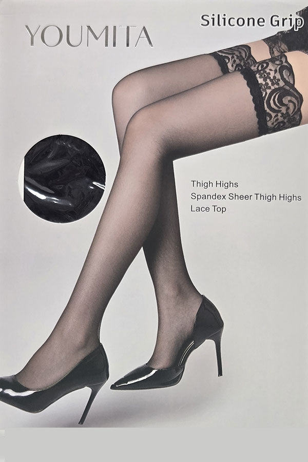11022 Silicone Grip Thigh Highs – Sheer Spandex Lace Top Stockings Wholesale 6 pcs
