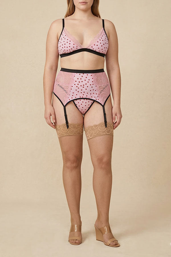 12678 Flocked Stretch Mesh & Lace 3-Piece Garter Set | Soft Cup Bralette, Garter Belt & G-String