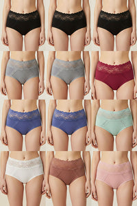 70091 12 Piece Solid Full Brief with Dual Lace Panels & Floral Lace Waistband C01