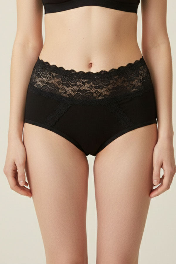 70091 12 Piece Solid Full Brief with Dual Lace Panels & Floral Lace Waistband C01