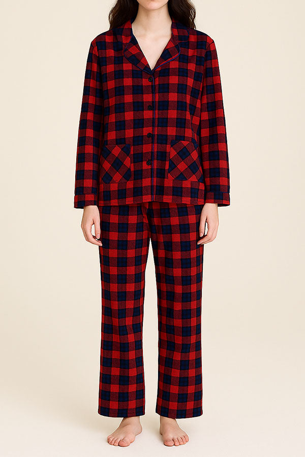 Wholesale Lady Plaid Print Button Pajama Set w/ Headband