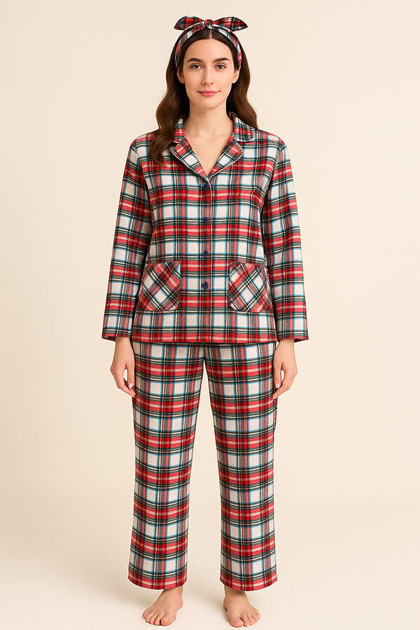 Wholesale Lady Plaid Print Button Pajama Set w/ Headband
