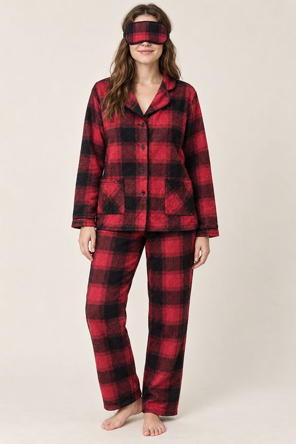 Women's Plaid Pajama Set with Sleep Mask – Long Sleeve Button-Up Sleepwear, 6-Pack