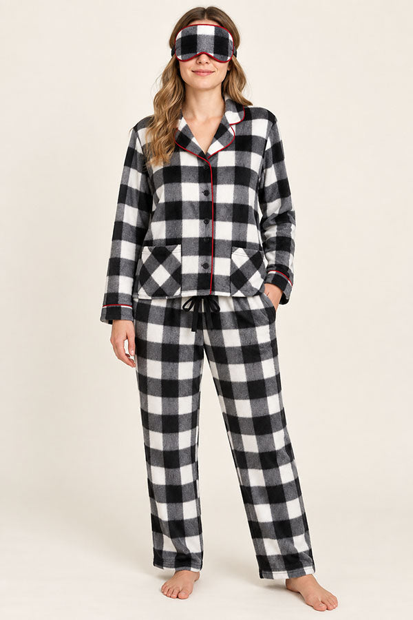 Women's Plaid Pajama Set with Sleep Mask – Long Sleeve Button-Up Sleepwear, 6-Pack