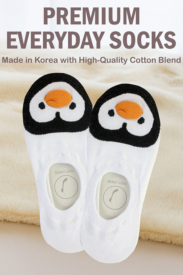 YM51 12 Pairs Cotton Blend, Made in Korea Penguins No Show Foot Liners