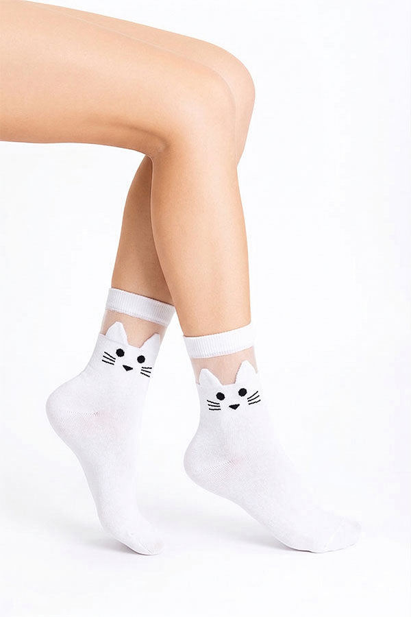 YM87 Cat Print Crew Socks