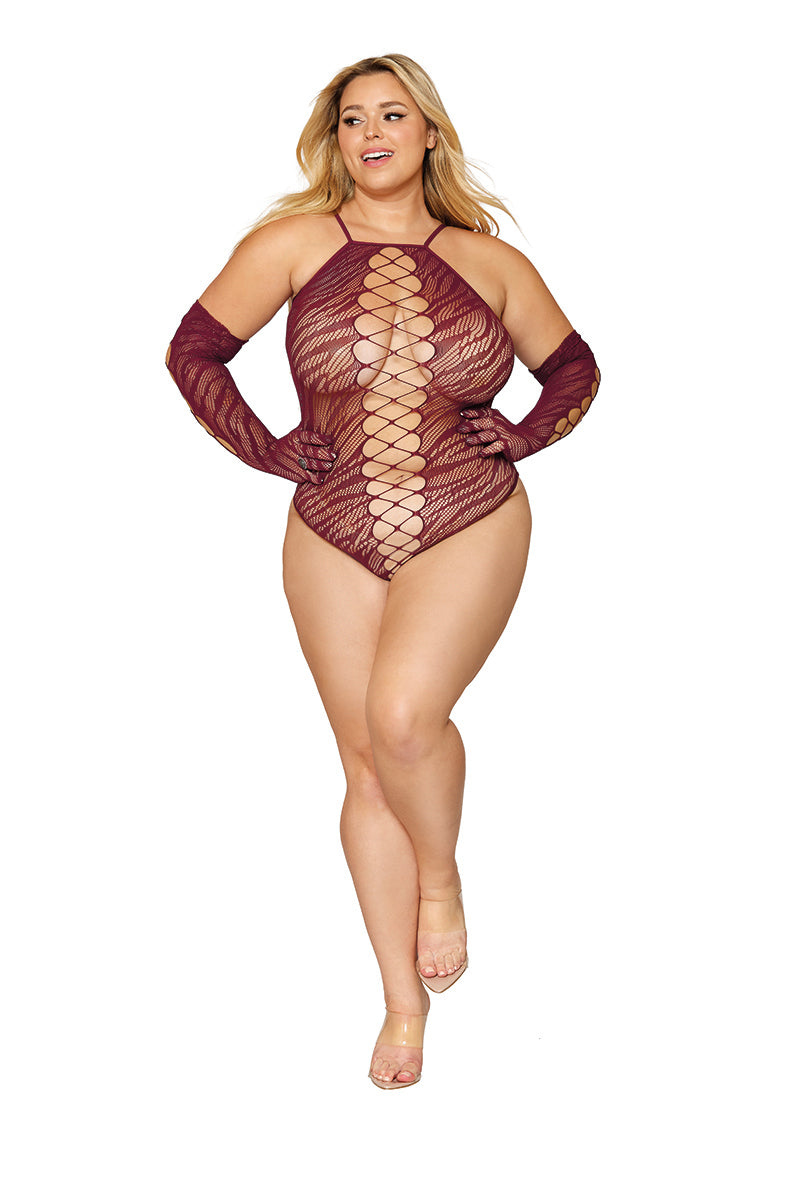 12809 Seamless Zebra Fishnet Teddy Set with Criss-Cross Detail & Opera Length Gloves