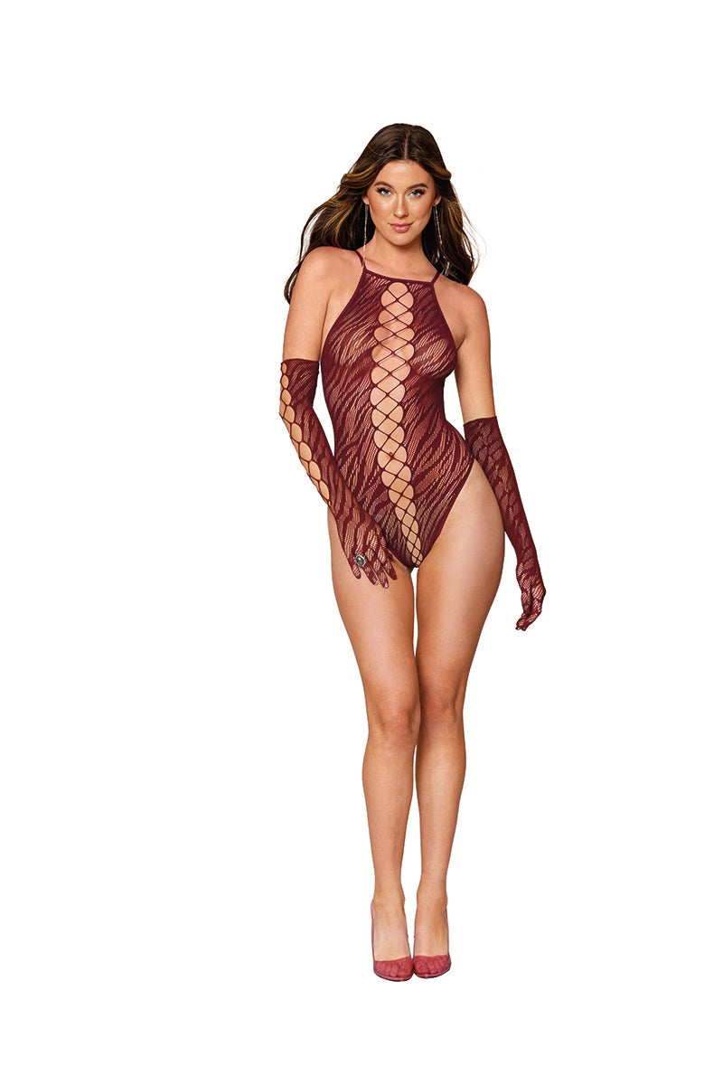 12809 Seamless Zebra Fishnet Teddy Set with Criss-Cross Detail & Opera Length Gloves