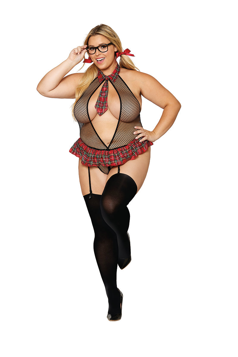 12830 Schoolgirl-Themed Fishnet Garter Teddy with Plaid Skirt and Novelty Glasses